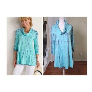 Soft Surroundings Palisades Tie Dye Tunic Top Cowl Neck Blue Womens Large NEW